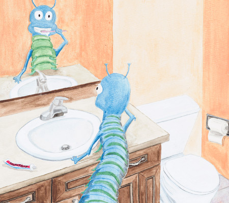 Caterpillar Brushing its Teeth Watercolour Painting